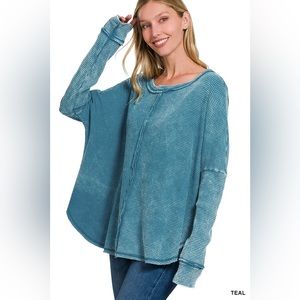 ZENANA- Oversized, baby waffle, long sleeve top- Teal